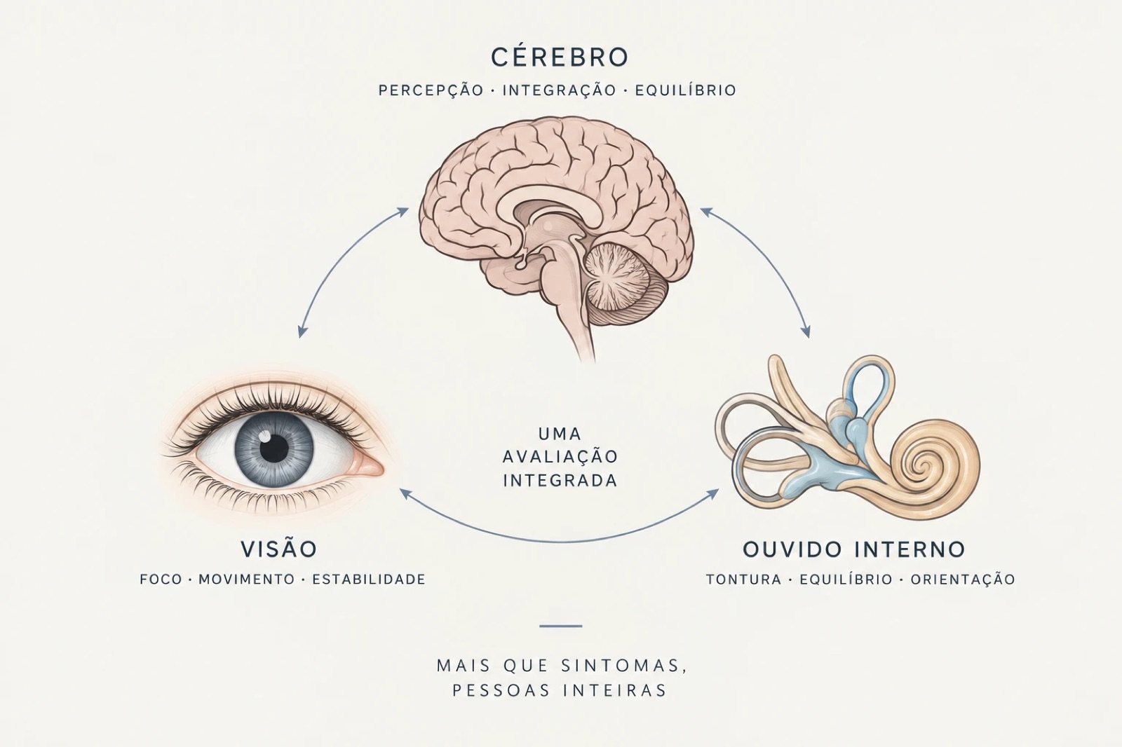 Infográfico: cérebro, visão e ouvido interno conectados numa avaliação integrada do equilíbrio