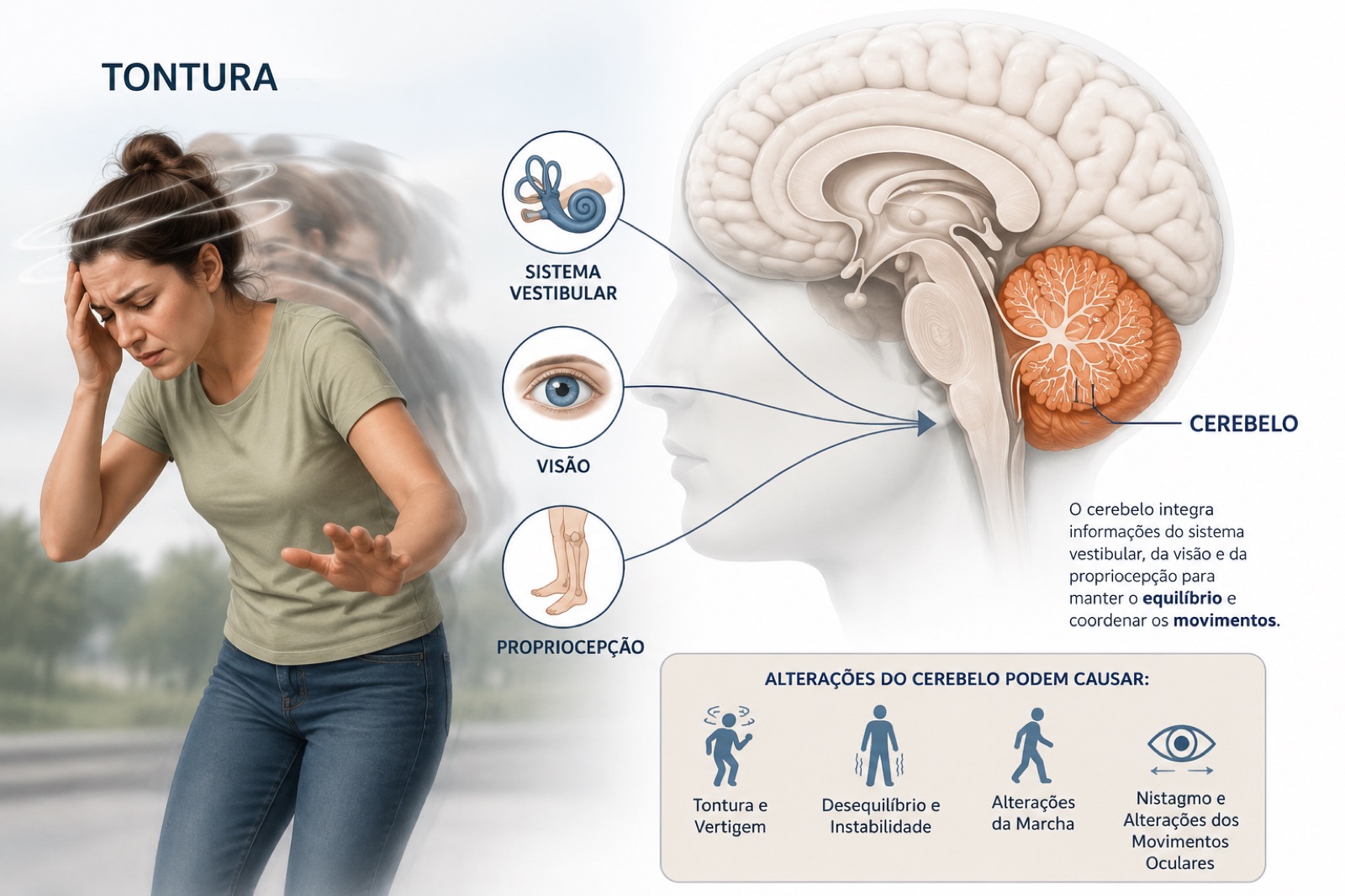 Infográfico: integração entre sistema vestibular, visão, propriocepção e cerebelo no controle do equilíbrio
